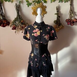 100% Silk Fairycore Anna And Frank Black Floral Button Down Shirt
